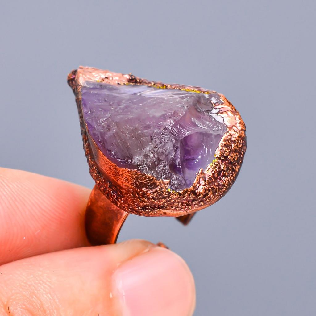 Грубый камень Аметист Груша Корона Чакры Вечности Обещание Бохо Кольцо Ювелирное изделие Медь V-14