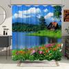 1pc Extra Long Bathroom Curtain - Lakeside Cottage Bath Decor with Rustic Red Roof House, Wildflower Garden, Snowy Mountains