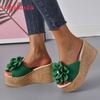 Fashion Aphixta Summer 9cm Wedge Heels Slippers Women Big Pearl Bead Flowers Cow Suede Bow Mulers 4cm Platform Sandals Clog Shoes Slides
