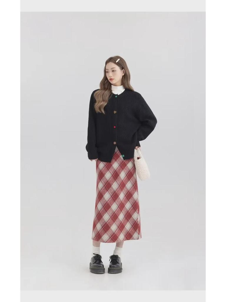 Красная шерстяная юбка в клетку с высокой талией для стройных фигур типа «груша» — корейский стиль, А-силуэт, идеально подходит для весны и осени