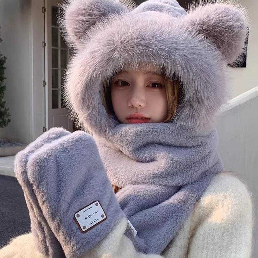 Корейский милый плюшевый комплект из трех предметов для женской осени и зимы Новый шарф, перчатки, шляпа, интегрированная плюс бархатная холодостойкая и теплая шляпа