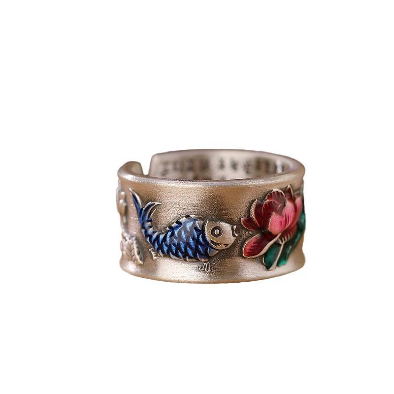 Smoky Retro Cloisonné Koi Lotus Heart Sutra Couple Rings - National Style Jewelry