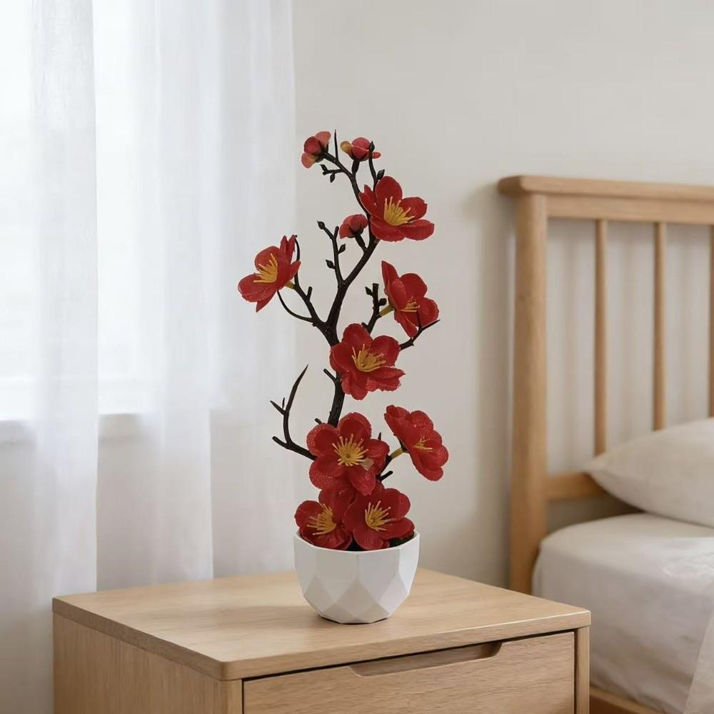 Red Fake Wintersweet Flower Bonsai with White Pot Artificial Faux Plants Living Room Ornaments