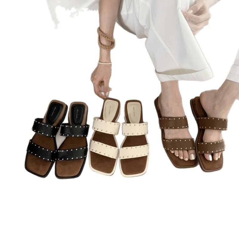 Retro Holiday Style Flat Bottom One-word Women's Shoes New Soft Bottom Casual Beach Can Wear Slippers Outside