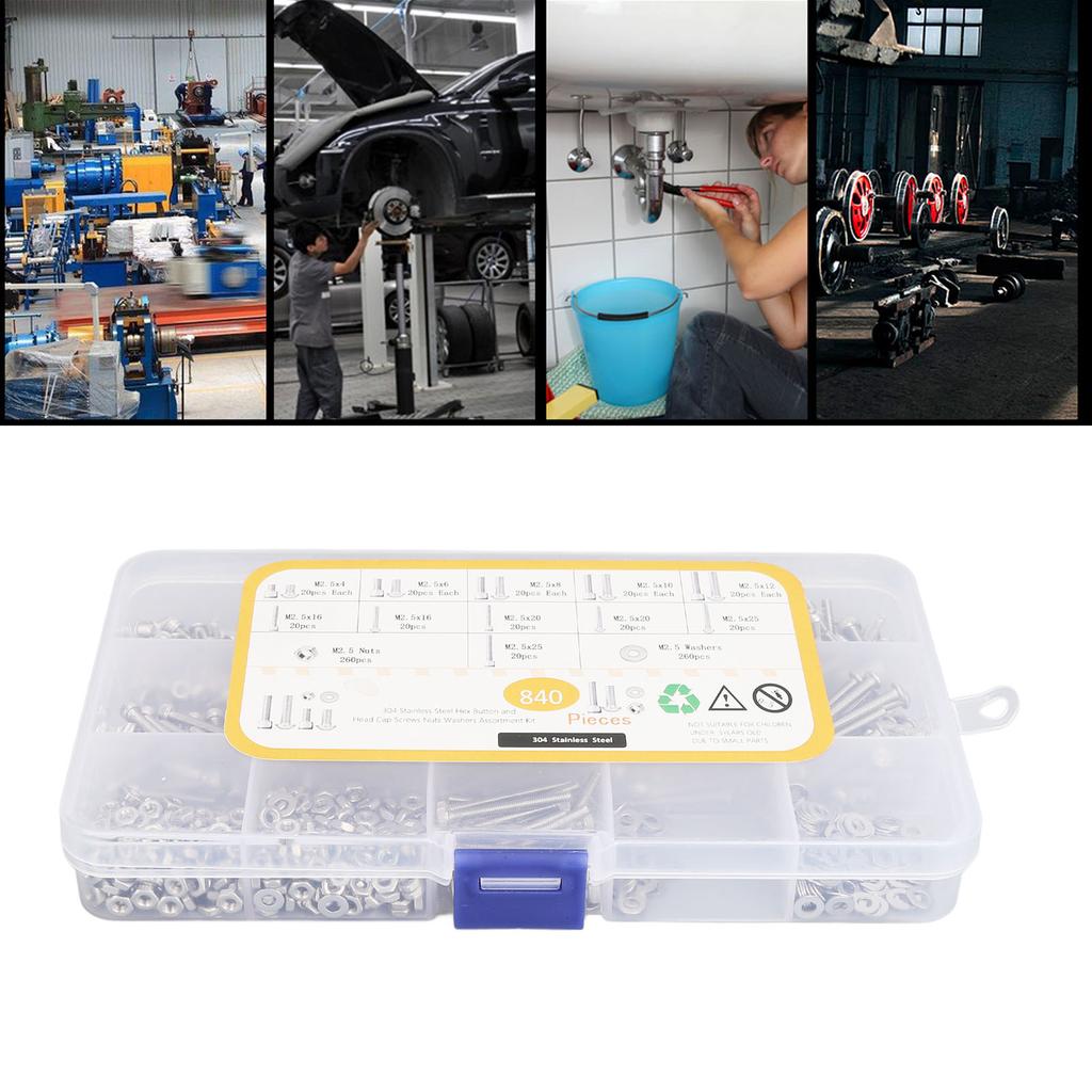 840 шт. набор болтов и гаек метрический M2. Ассорти из шестигранных винтов из нержавеющей стали с плоским шлицем W
