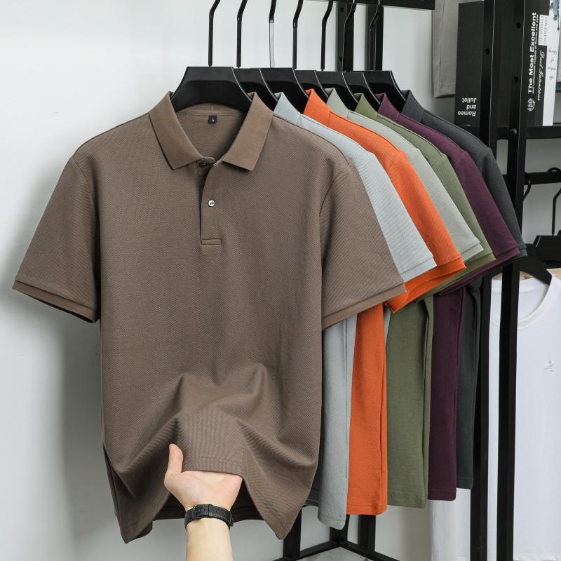 Лето 2025 Мужская Новая Однотонная Мерсеризованный Хлопок Свободная Влагоотводящая и Быстросохнущая Повседневная Рубашка Поло