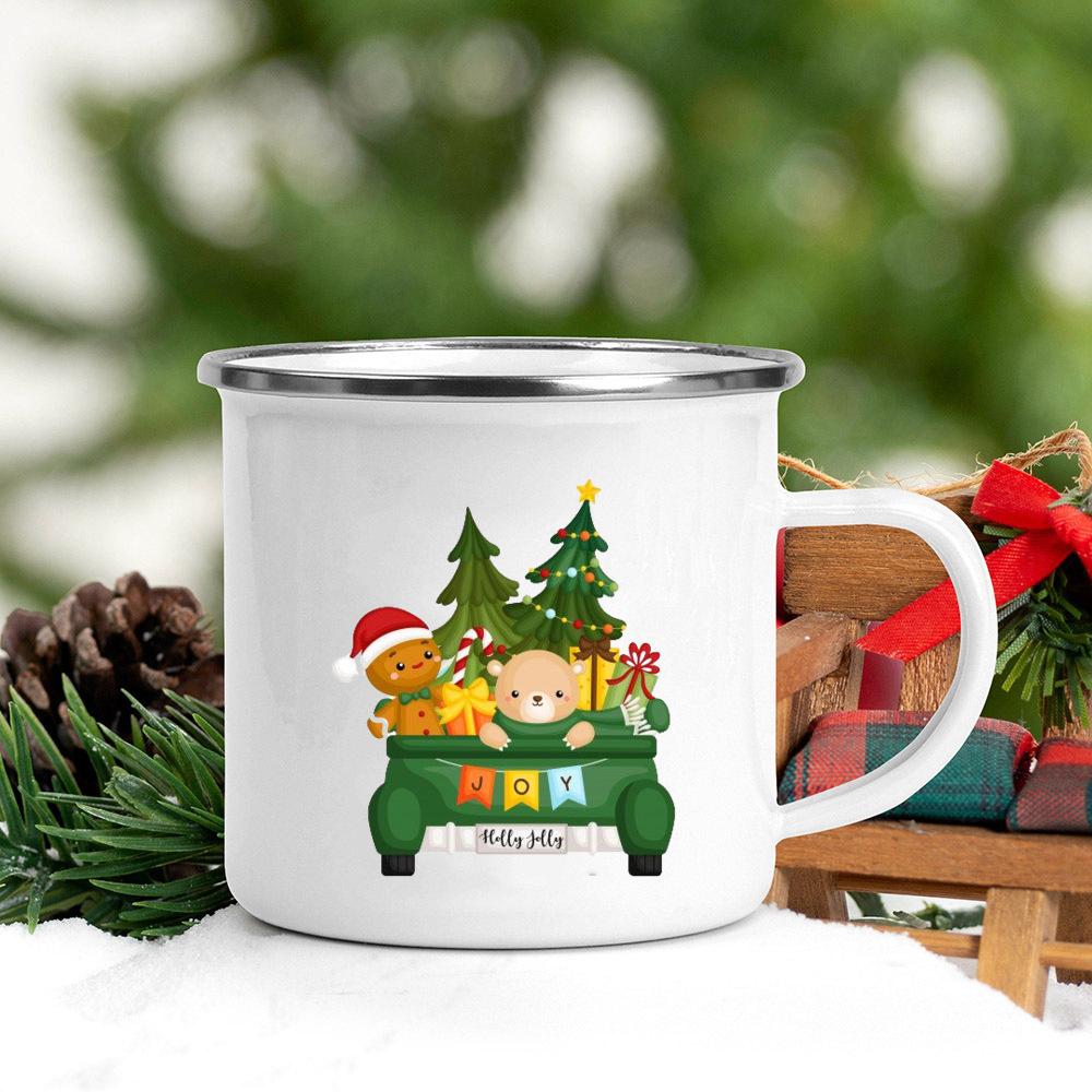 Merry Christmas Tree Snowman Santa Printed Mug Enamel Handle Coffee Cup Banquet Party Drinking Mugs Gift for Family Lover Friend