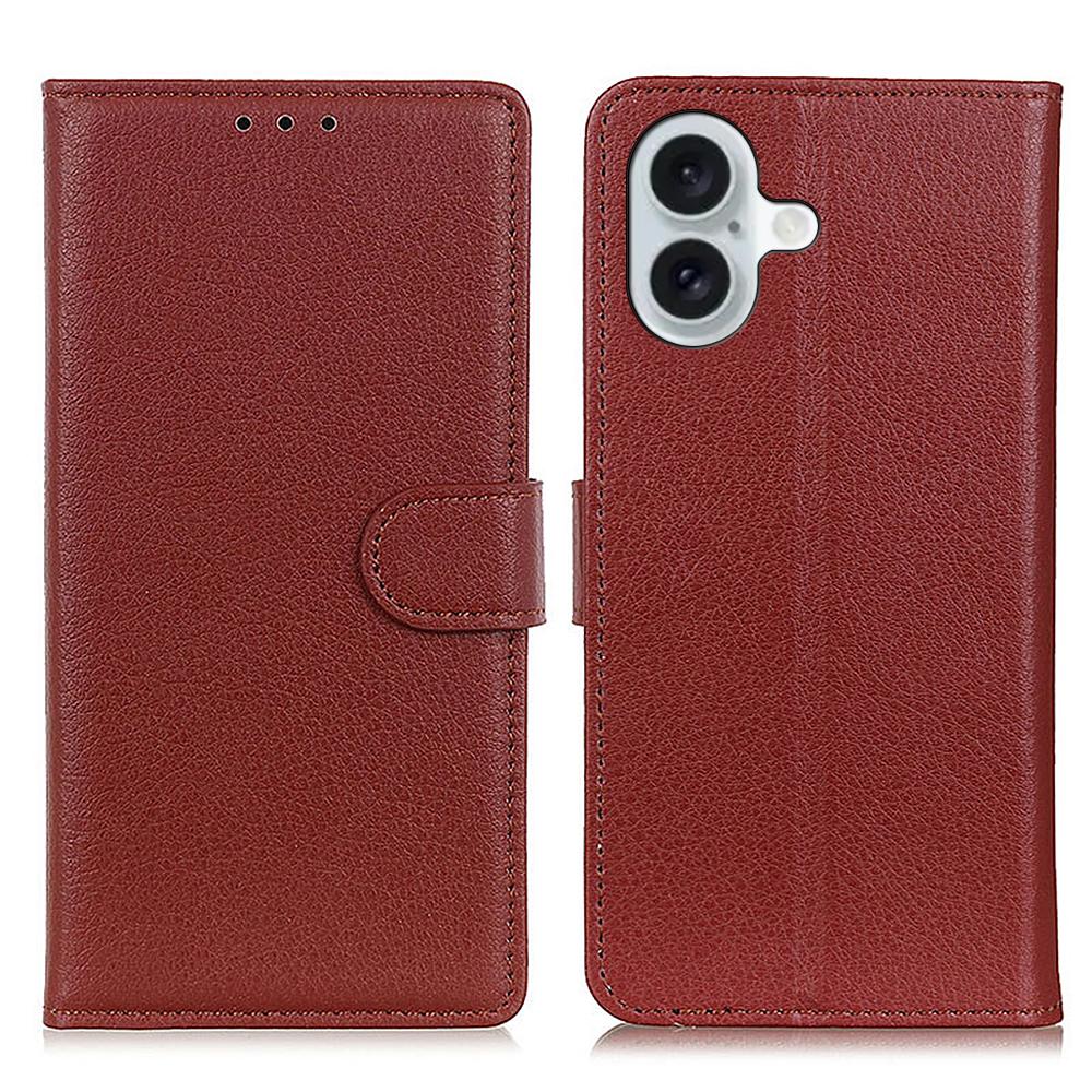 For iPhone 16 Case PU Leather Wallet Stand Litchi Texture Phone Cover
