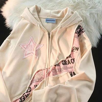 Толстовка на молнии со звездным узором. Лоскутная толстовка-кардиган с принтом. Повседневная толстовка с капюшоном и длинными рукавами для женщин. Милая и крутая свободная куртка.