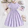 Популярная детская одежда, летнее фиолетовое платье принцессы с короткими рукавами и принтом, повседневные длинные платья с талией для девочек