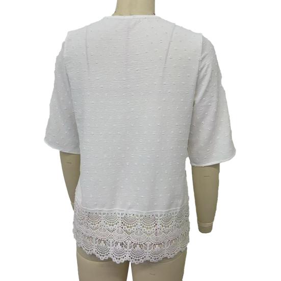 Женская рубашка с V-образным вырезом, рукавом 3/4, повседневная, с кружевной вставкой на подоле, жаккардовым декором, однотонная, дышащая