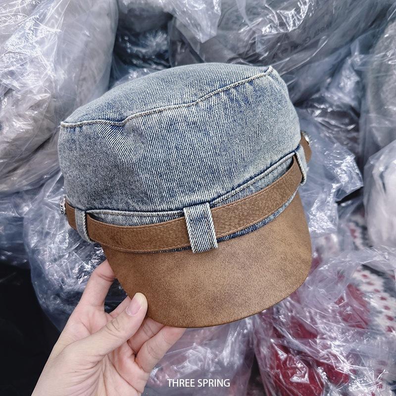 Autumn and winter new washed leather denim newsboy hat women's big head circumference showing face little knight hat