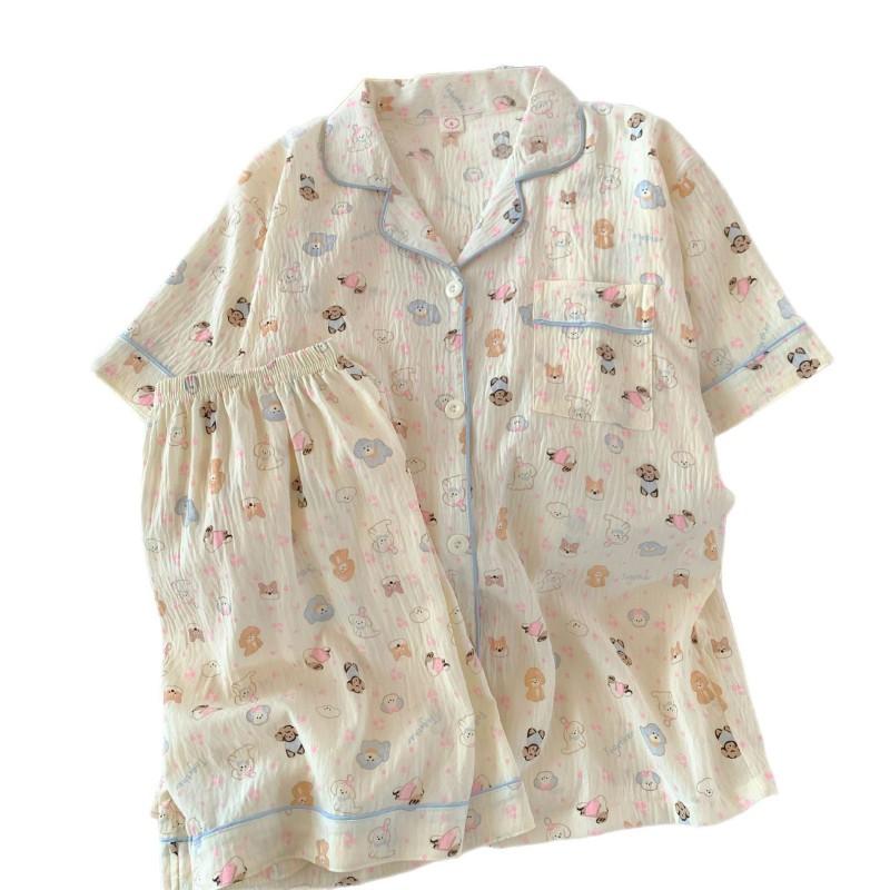 Cute Cartoon Dog Pajamas Set Short Sleeve Thin Cloud Cotton Young Women Students