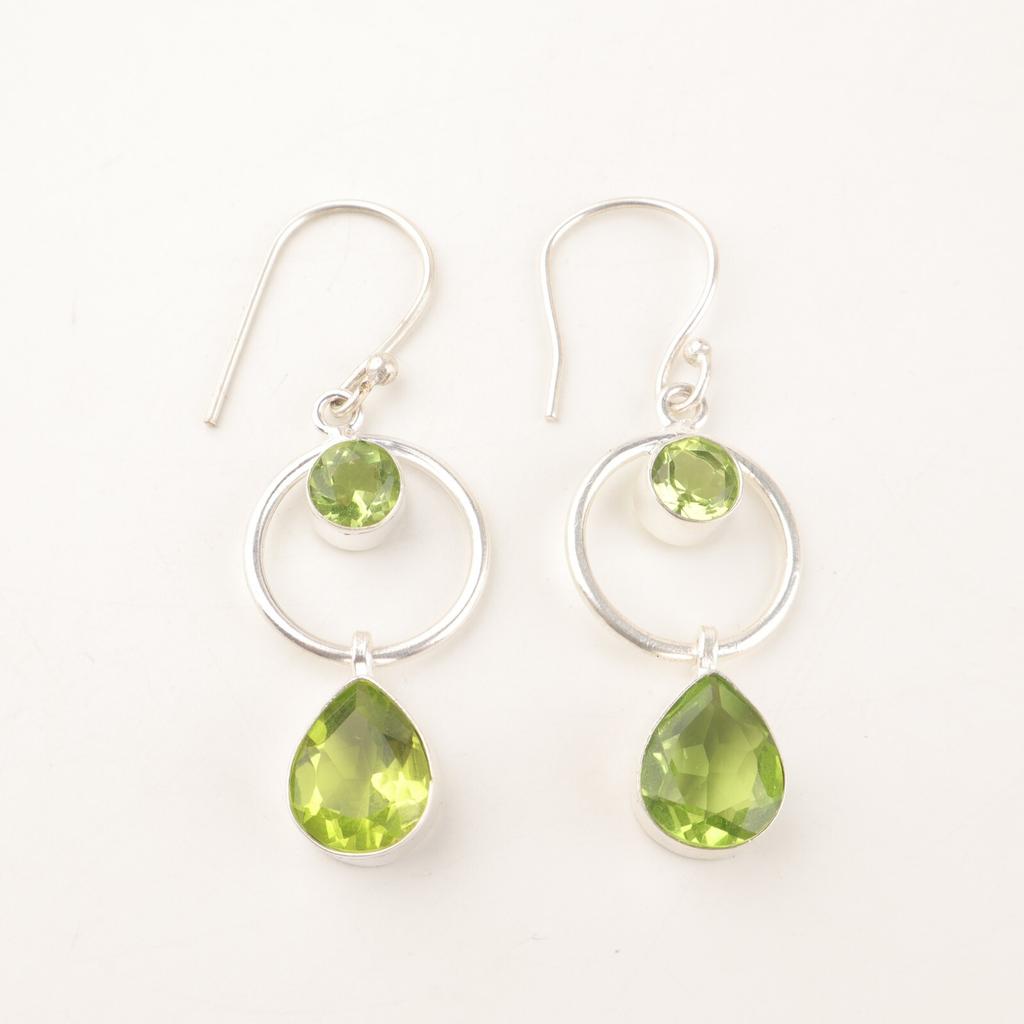August Peridot Gemstone 925 Sterling Silver Sisters Day Dangling Hook Earrings EE-140-17