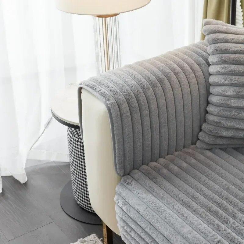 Super Soft Rabbit Plush Quilted Sofa Towel Winter Warm Thick Plush Couch Cover L-shaped Sectional Anti-slip Sofa Cover