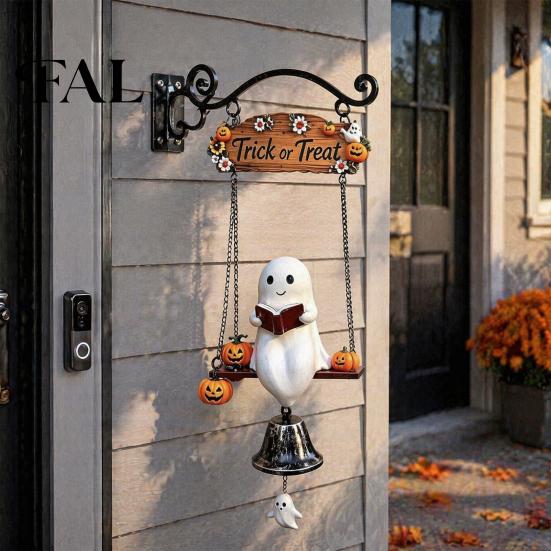 Rustic Wall Mounted Bell Ghost Wind Chime Hanging, Halloween Porch Yard Decor with Resin Metal Bell, Outdoor Decoration Vintage Farmhouse Ornament for