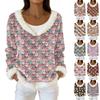 Women's Fashion Plush V Neck Pullover Top Long Sleeve Tee Christmas Printed Sweatshirt