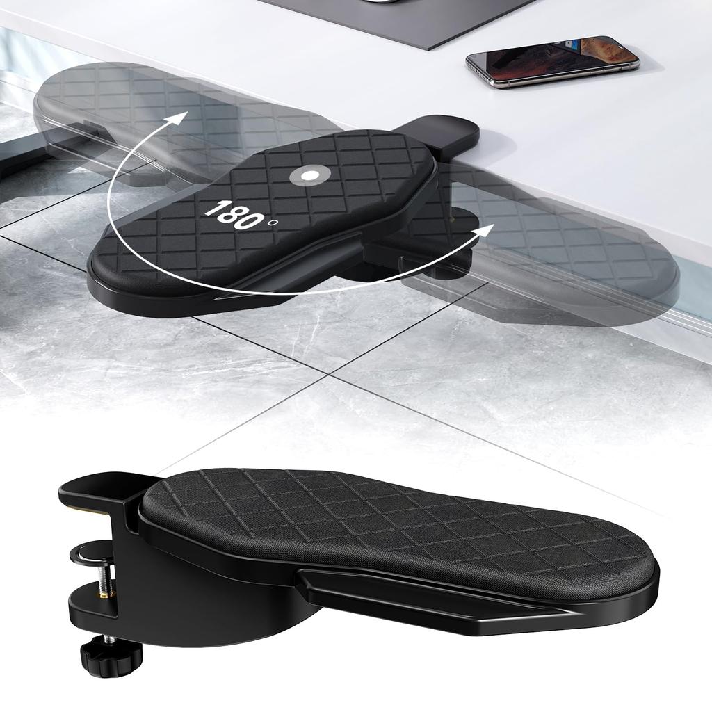 Ergonomic Desk Armrest, 180° Rotating, Elbow and Wrist Support, Desk Extension Tray, No-Hole Design, Easy Installation, Clamp-On Clamp, ArmrestWrist