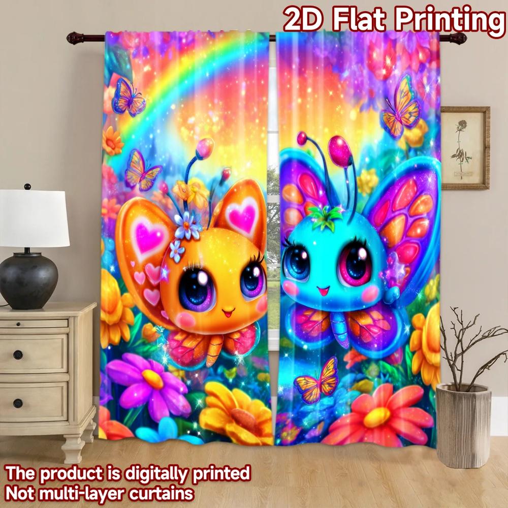 2D flat printing 2pcs Scene Curtains Cute Butterfly Duo Rainbow Sky Digital Printed Polyester Drapes Festive Curtains for