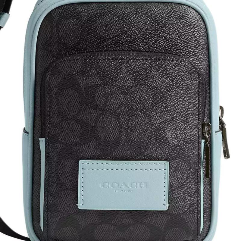 COACH RACER 13 brand logo print contrasting design smooth calfskin shoulder crossbody bag chest bag mini men's charcoal gray and light blue