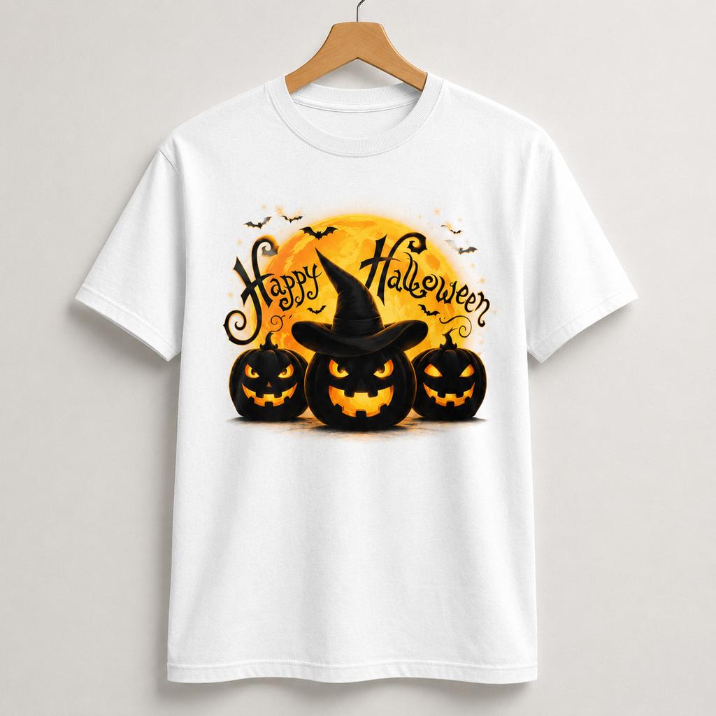 Happy Halloween Jack O Lantern Witch Hat Gildan Graphic Tee S-5XL