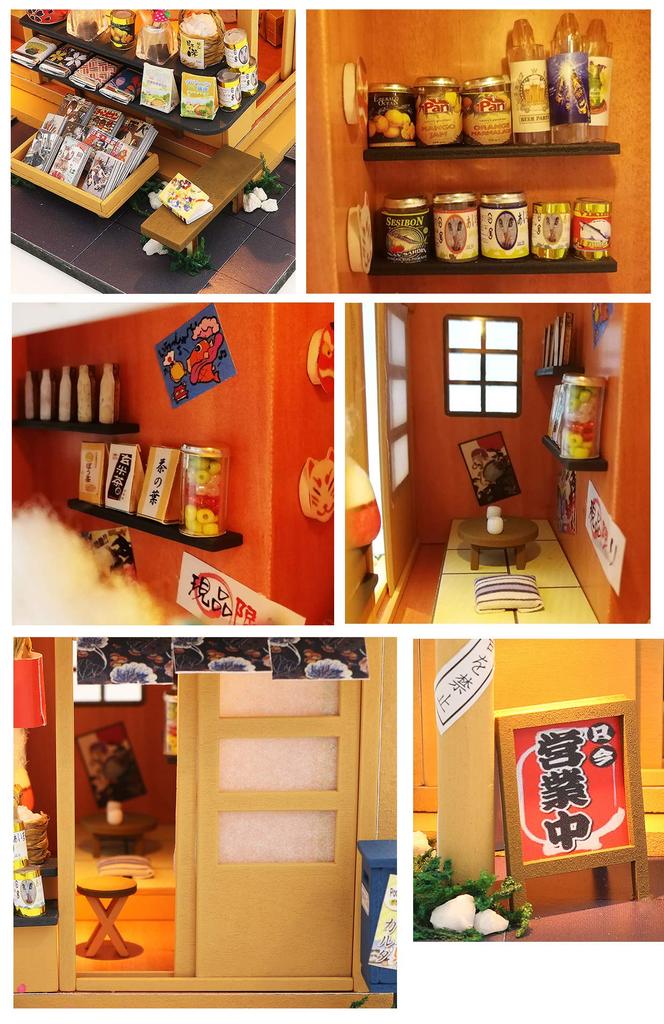 moin moin Dollhouse Miniature DIY Kit Set, Akihi's General Store, Candy Shop, Showa Era, Japanese Style, LED Light, 4-Piece Tool Set, and Acrylic Case