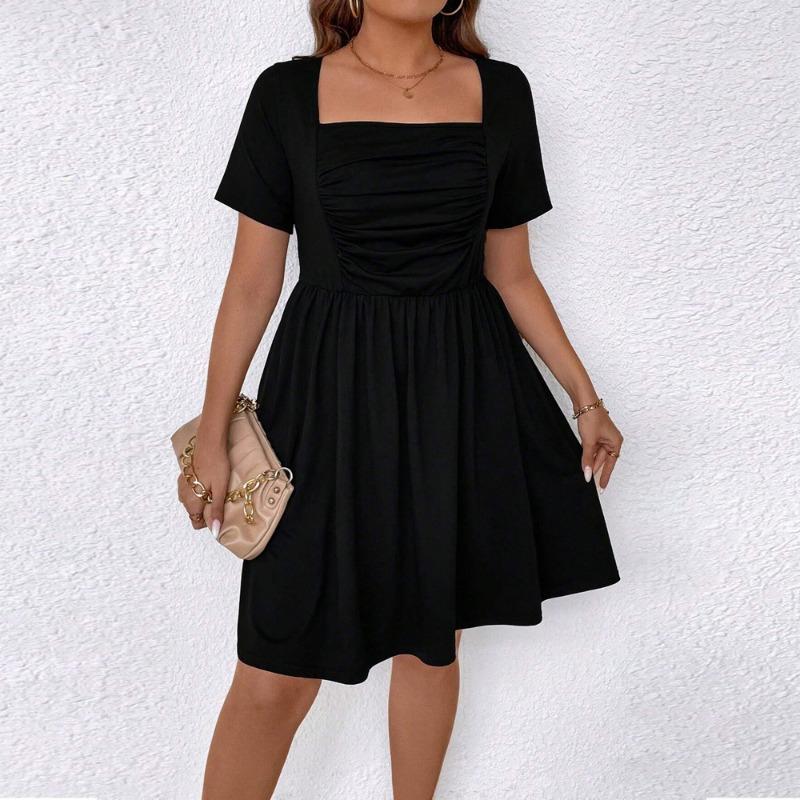 Summer Casual Short Sleeve Dresses Fold Design Solid Color Dress Women's Square Neck Black Dress Loose High Waist Dress Commuter Fashion Dresses