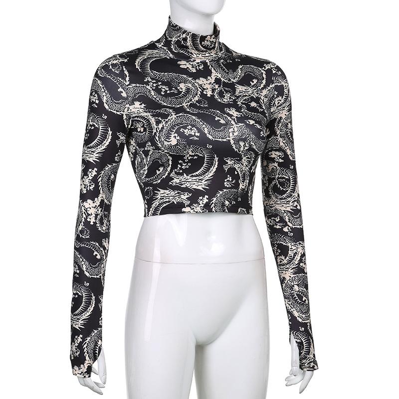 Модные трендовые женские стильные укороченные топы с принтом дракона, тонкая футболка с длинным рукавом и высоким воротником, узкие футболки на весну и осень