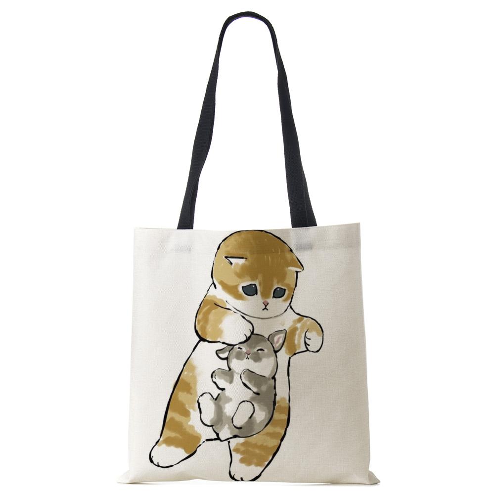 Женская сумка с милым животным кошачьим принтом, повседневная складная сумка-тоут для покупок в стиле Харадзюку, многоразовые сумки на плечо большой емкости