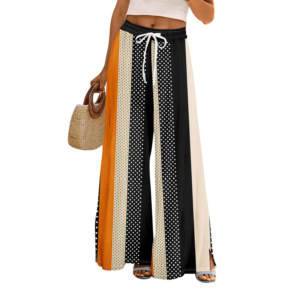 Women Summer Boho Palazzo Pants High Waist Wide Leg Floral Printing Casual Trousers With Pockets