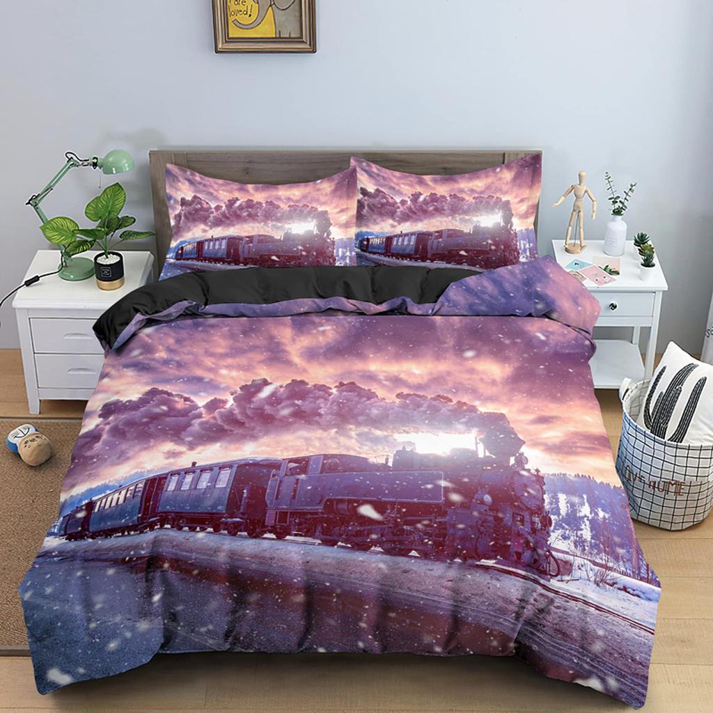 Красно-серый паровой двигатель пододеяльник локомотив красно-черный поезд на стальных железнодорожных путях путешествие приключения графическое украшение спальни