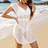 Beach Knit Blouse Hollow Out Beach Skirt Drawstring Skirt V-neck Beach Skirt
