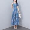 2025 Summer Chiffon Printed Medium Long Dress for Women Round Neck Short Sleeved A-line Design Thin Dress
