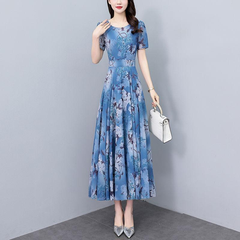 2025 Summer Chiffon Printed Medium Long Dress for Women Round Neck Short Sleeved A-line Design Thin Dress