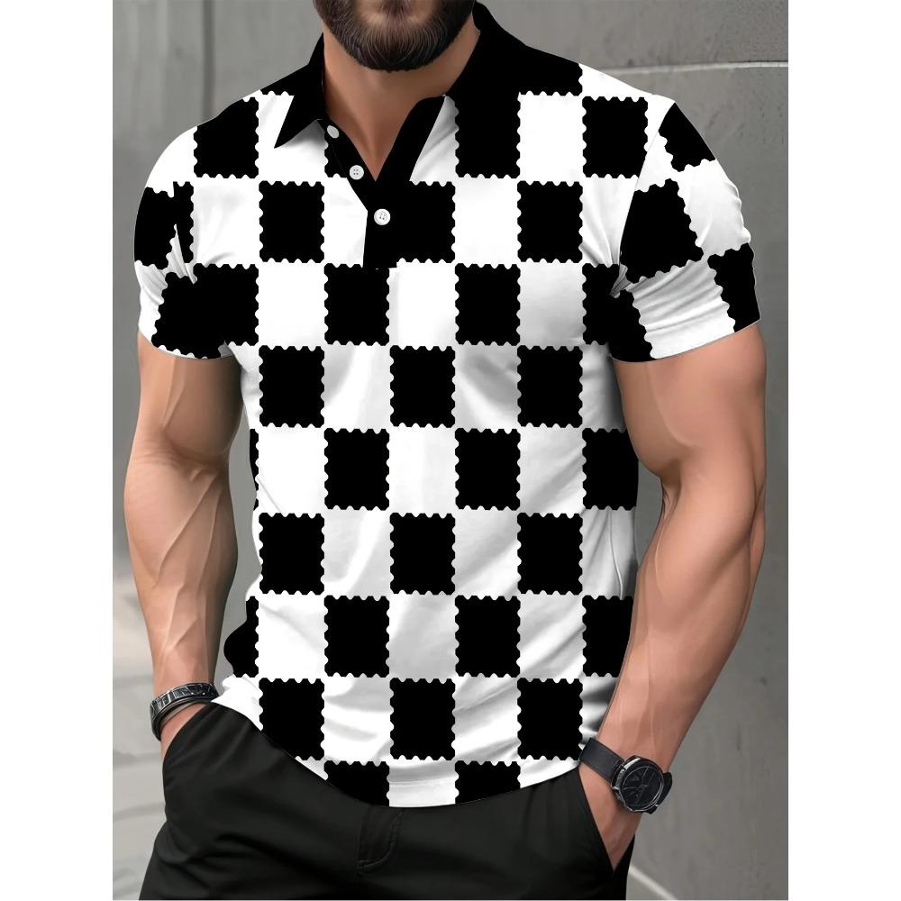Летняя новая мужская футболка-поло с коротким рукавом 2026 года с повседневным модным и удобным 3D-принтом в клетку