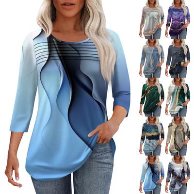 Женская мода круглый вырез шея плиссированная передняя планка однотонный топ рукав 3/4