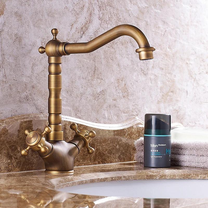 Золотой смеситель для раковины, смеситель для ванной комнаты, устанавливаемый на столешницу, с двумя ручками, черный смеситель для раковины, антикварный кухонный смеситель, хром