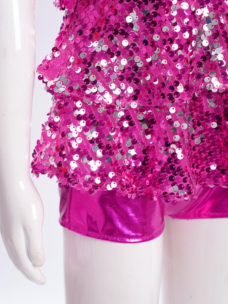 Блестящий леотард с пайетками для девочек, для джазовых танцев, халтер, без спины, с оборкой по подолу, брюки клеш, костюм для выступлений