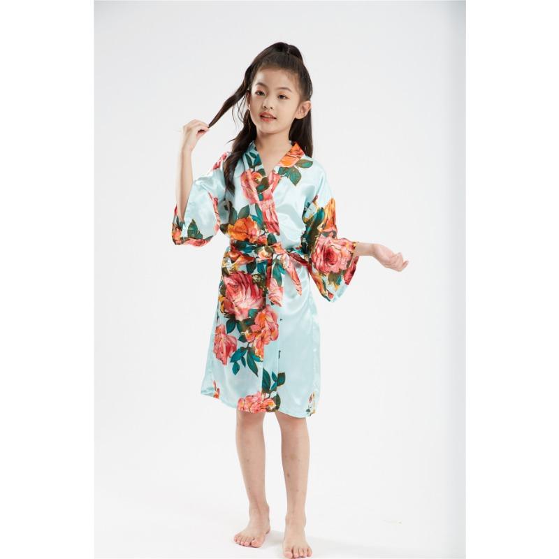 Children's Bathrobe Comfortable and Elegant Temperament Simulation Silk Sleeping Robe Sateen Children's Hand-painted Peony Baby Walking Robe