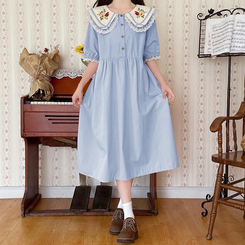 Японское летнее женское милое платье Mori Girl с воротником Питера Пэна, розовое, синее платье с цветочной вышивкой, милые платья Kawaii с кружевными оборками