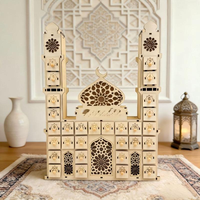 Wood Eid Advent Calendar with LED Light and 30 Drawer Countdown Calendar for Ramadans Table and Home Party Decorations