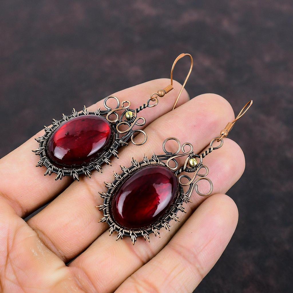 Серьги из красного огненного лабрадорита, серьги из медной проволоки, настоящие серьги из драгоценных камней, ювелирные изделия из медной проволоки, висячие серьги ручной работы, свадебный подарок