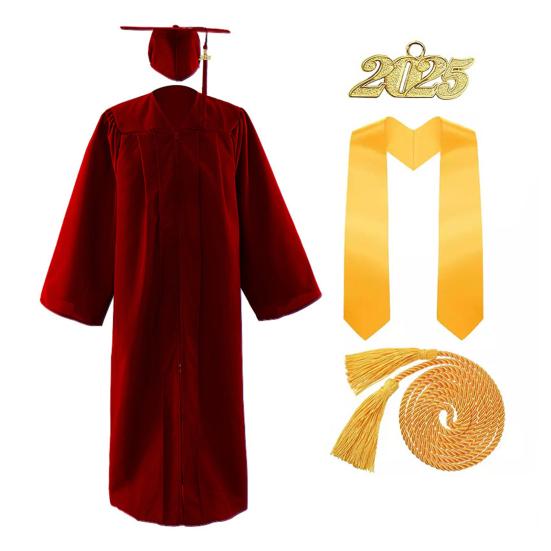 1 комплект академической униформы включает в себя шапку, шаль, почетный канат, мантию с V-образным вырезом и рукавами «летучая мышь», комплект из выпускной шапочки и мантии 2025 года для памятных выпускных мероприятий