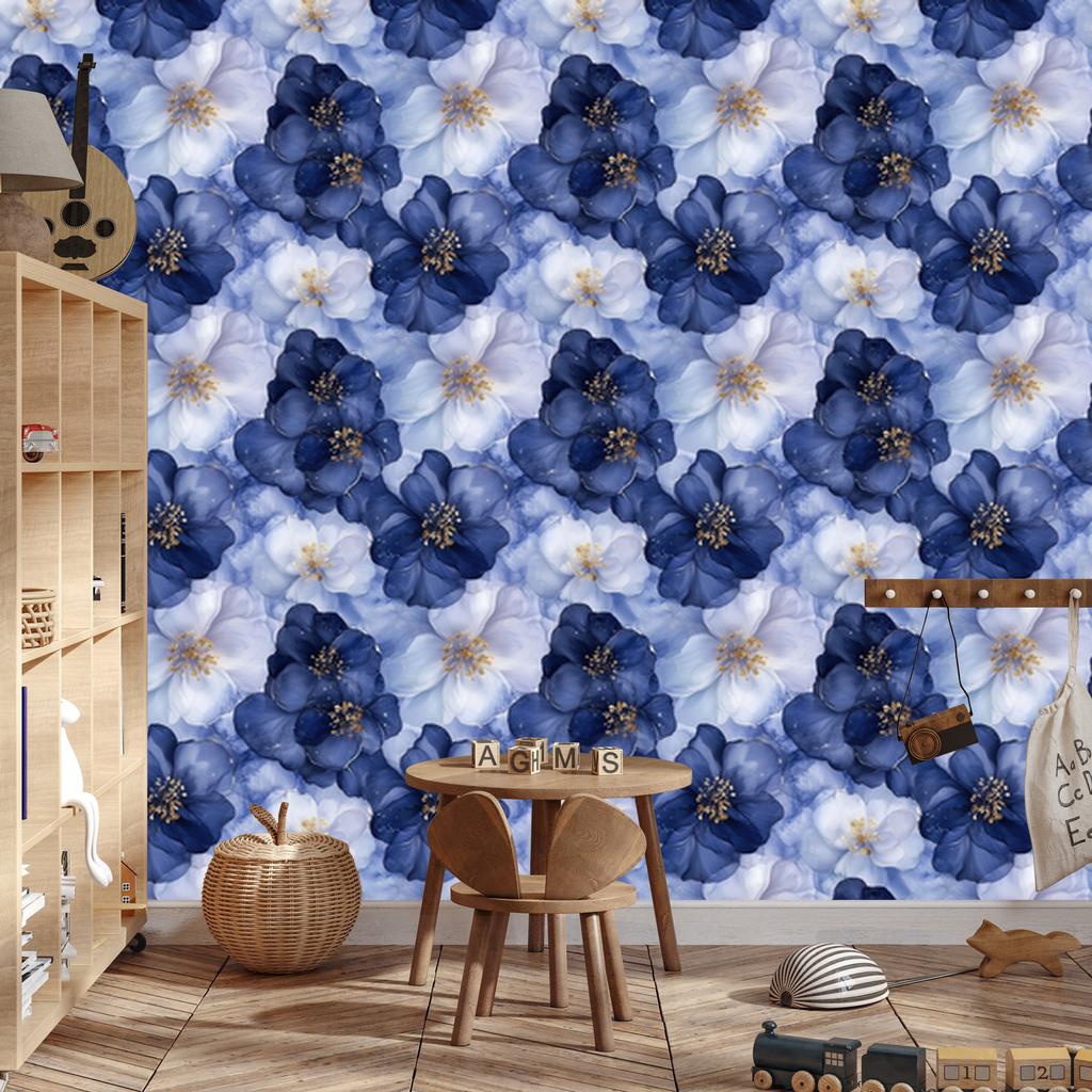 Ink blue, navy blue, azure and white wallpaper for living room and bedroom 50x1000