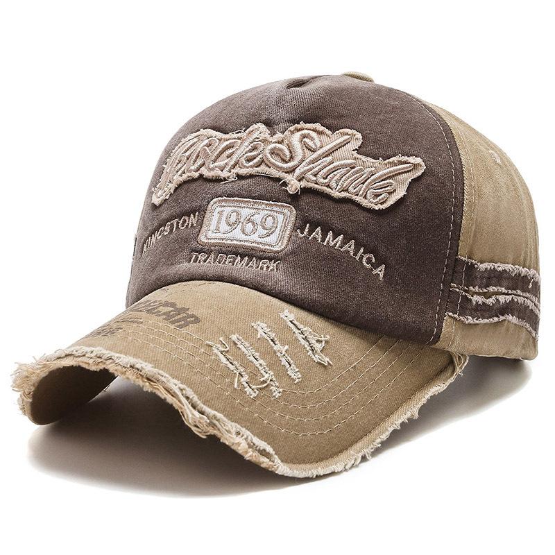 Hat men's and women's spring and summer baseball cap washed old letter embroidery curved edge cap color matching retro sun hat