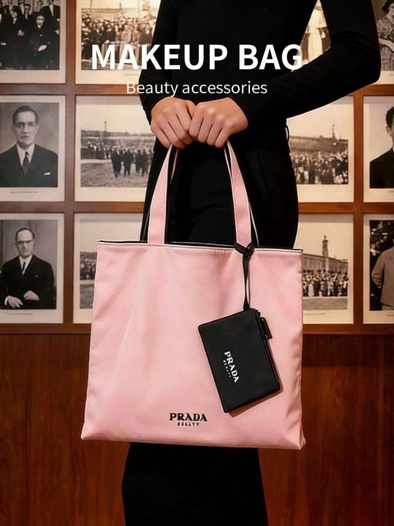 Prada Розовая нейлоновая сумка-тоут для косметики с мини-косметичкой на молнии, с напечатанным логотипом, большой вместимости, женская дорожная сумка