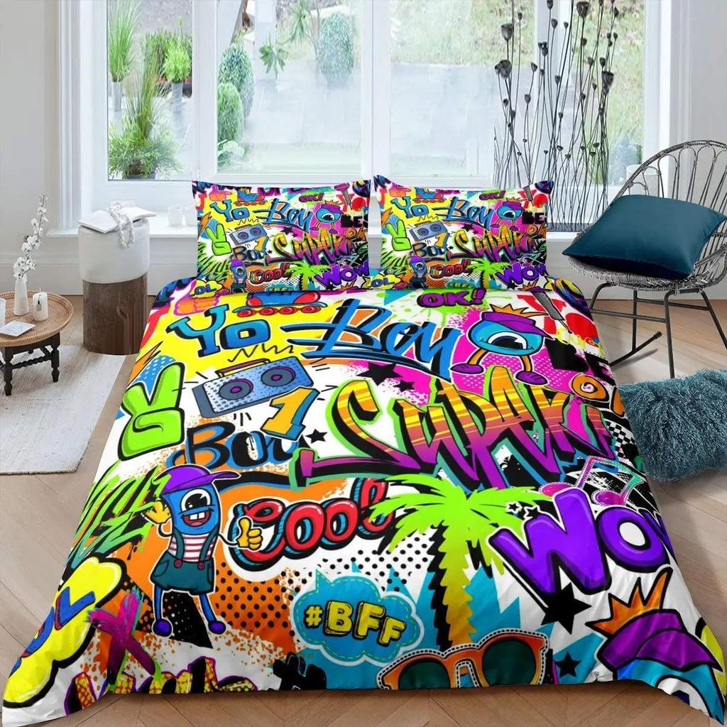Rock Music Graffiti Duvet Set, Hip Hop Art Bedroom Supplies Quilt Set Three-Piece Set