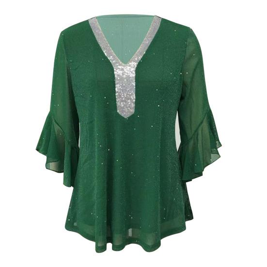 Женские топы с оборками и рукавами 3/4, блестящие, с пайетками, с V-образным вырезом, повседневные блузки, нарядные платья для осени и лета, с блестками, для свадьбы, для бизнеса, рабочие рубашки