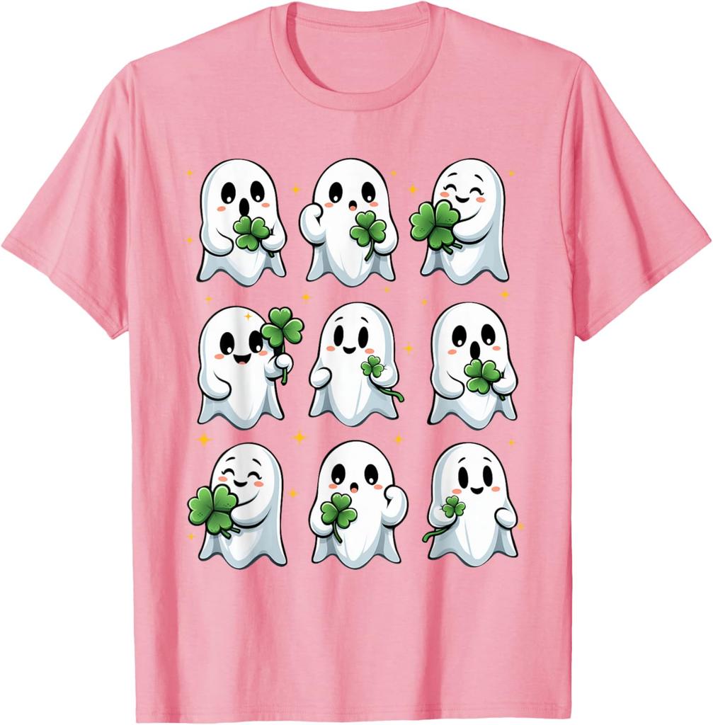 Cute Ghost Holding Shamrock St Patricks Day Graphic Tee Funny Irish Gift Casual Short Sleeve T-Shirt