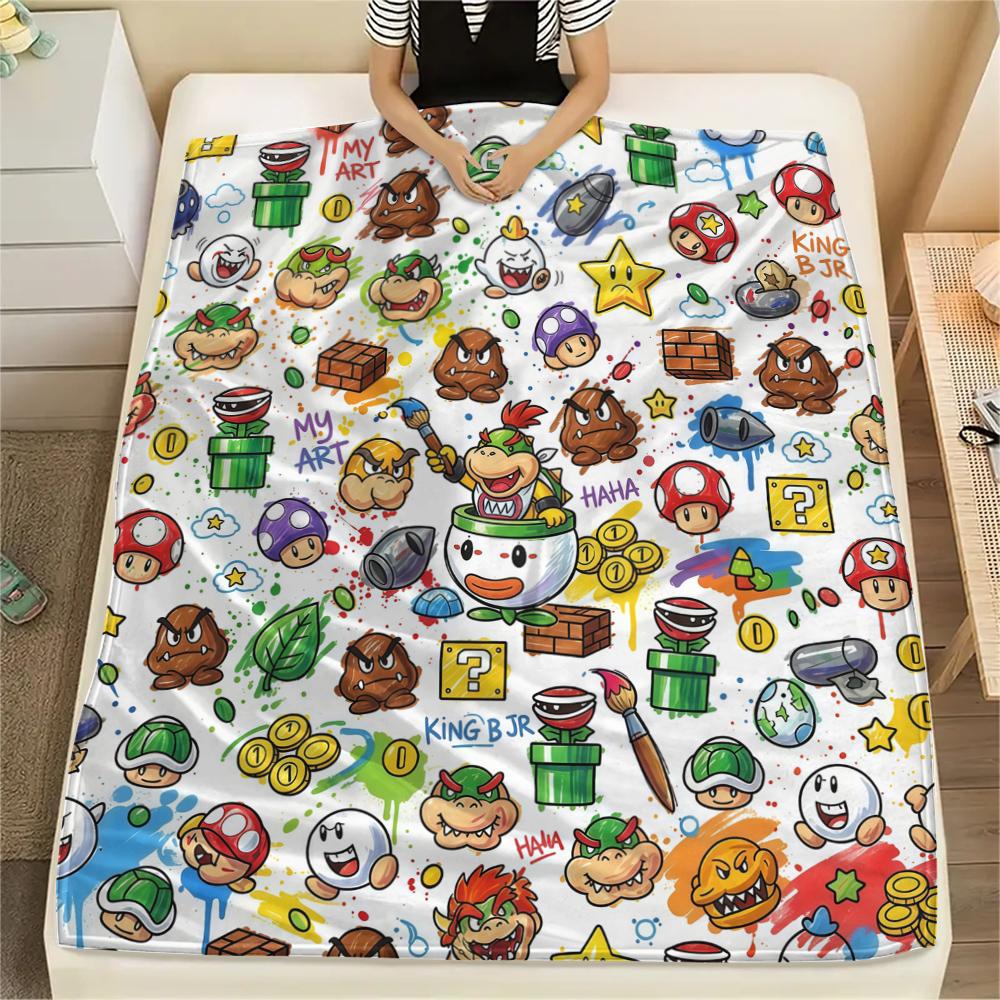 Super Mario Cartoon Warm Flannel Blanket, Printed for Bed Sofa Chair, Ideal for Picnic Travel Home -HE62